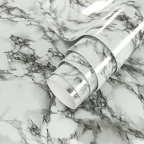 VIOPVERY Peel and Stick Wallpaper 40cmx1000cm White Black Marble Wallpaper Sticky Back Plastic Black Vinyl Wrap Kitchen Worktop Covering Self Adhesive Thick Wallpaper for Bedroom Furniture Stickers