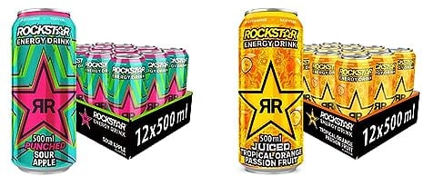 Rockstar Energy Drink Super Sours Green Apple & Energy Drink Juiced mit Mango, Orange & Passionsfrucht - Koffeinhaltiges Erfrischungsgetränk für den Energie Kick, EINWEG (12x 500ml)