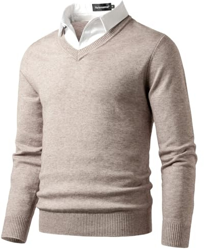 Harbrosrce Pull en Maille Fine Homme V Neck Chandail Classique avec Col de Chemise Automne Hiver Tricot Basique Pullover Uni Sweaters