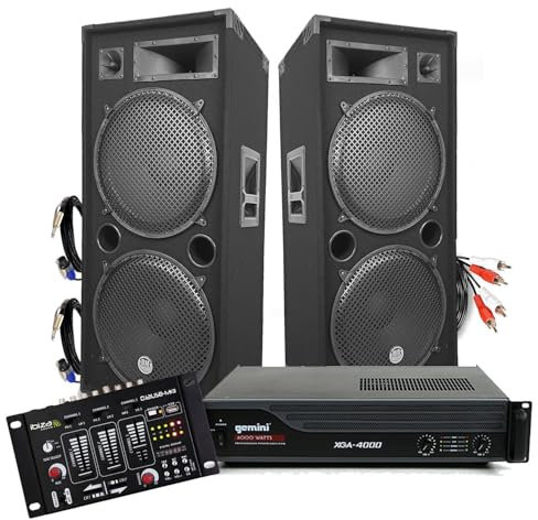 Pack Enceintes GEANTES avec AMPLI - 2x15/38cm 4000W bassreflex BM Bmsonic + Ampli XGA 3000W avec Table de mixage Ibiza + Cables