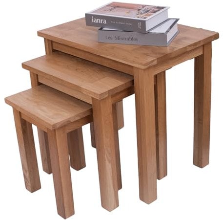 Kemtpase Natural Gold Solid Oak Nesting Nest Of Tables 3 Pieces Coffee Lamp End Table For Living Room Hallway Wooden