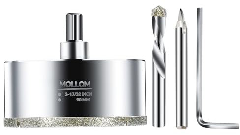 MOLLOM (90mm | 3-17/32) Sierra de corona de diamante con 2 brocas piloto removibles, corte suave para azulejos de porcelana, vidrio, cerámica, mármol, fibra de vidrio, etc