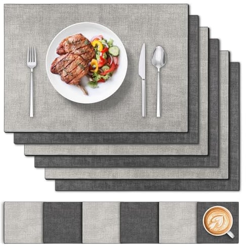 Tischsets Abwaschbar Leder und Untersetzer 6 Set, Doppelseitigen Platzset Abwaschbar und Wasserdicht Platzdeckchen Leder Kunstleder Tischset Lederoptik Platzset (Grau Schwarz)