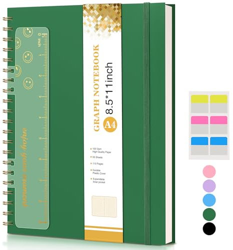 Graph Paper Notebook, Spiral Notebook Journal 8.5” x 11”, A4 Large Grid Notebooks for Women Men, 100 GSM Graph Paper, Plastic Hardcover Spiral Graphing Journals for Work School Engineerin, Green