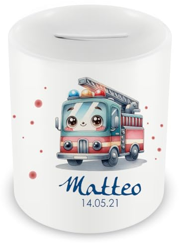 Samunshi® Kinder Spardose mit Namen und Süßes Feuerwehr Auto als Motiv für Kinder - Jungen und Mädchen Sparschwein 330ml weiß