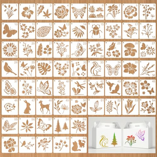 JSRQT 64 Stück Kleine Schablonen zum Malen, Wiederverwendbare Schablonen aus Kunststoff, Schablonenvorlagen Natur Blumen Schmetterlingen Vögeln für Heimwerker Scrapbook Holz Wand Heimdekor, 3’’
