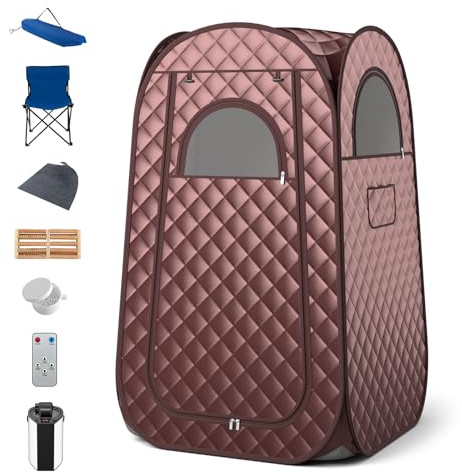 RELAX4LIFE Portable Steam Sauna, Personal Full Body Spa Sauna Tent with 3L Steam Generator, Remote Control, Foot Massager & Foldable Chair, Slimming Detox Therapy Pop-up Home Sauna Cabin (Coffee)
