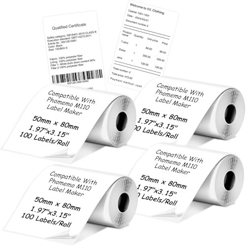 Thermoetiketten kompatibel mit Phomemo M110/M221/M220/M120/M200 Etikettendrucker, 1.97''x3.15''(50x80mm), 4 Rolls,80 Etiketten/Rolle, Schwarz auf Weiß