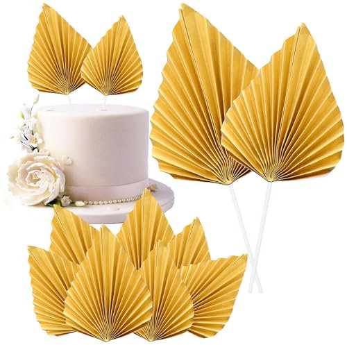 Gyufise 6Pcs Paper Palm Fan Cake Toppers Palm Leaf Fan Cake Topper Palm Spear Leaf Cupcake Toppers Cake Insert Decoration For Cake Decorating Diy Craft Project Home Wedding Party Supplies Gold