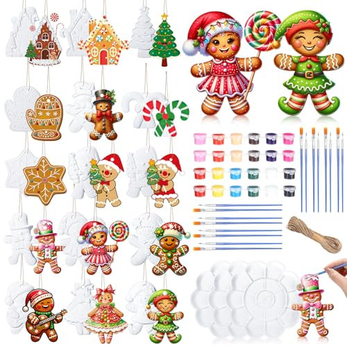 Beeveer 30 Sets Ceramic Christmas Ornament to Paint Christmas Crafts DIY Kit for Adults Kits Xmas Gingerbread Man Ready to Paint Your Own Figurines Painting Kit with 24 Paints 16 Brushes 3 Palette