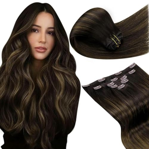 LaaVoo Echthaar Extensions Clip Braun 50cm Extensions Clip in Weiches Echthaar Clips Extensions Echthaar für Frauen Doppelt Tressen 5PCS 80g #2/8/2