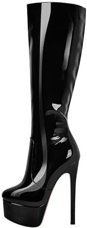 blingqueen Stivali con plateau elasticizzati, al ginocchio, con tacco alto, laccati, Nero , 46 EU