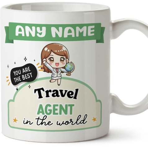 MUGFFINS Personalised Mug for Travel Agent Woman - in English - Best in the World - Kawaii - Funny Custom Gift for Colleagues - Ceramic 11oz Mug