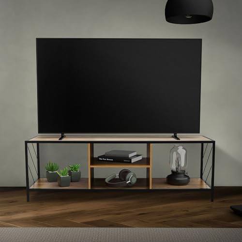 ML-Design Mobile per TV Comodino Marrone Design Rustico 140 x 40 x 46 cm Telaio in Acciaio Robusto Nero Piano del Tavolino in Legno con Scomparti per Console DVD Mobile Basso per Televisione