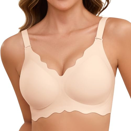 Lonya Bras for Women Push Up Seamless Support Wireless Full Coverage Wave Edge Non Wired Comfort Soft T-Shirt Bra Beige,M