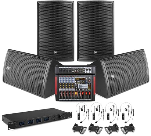 Professional PA System with 4x 8 Installation Speakers, Wireless Headset microphone & Lapel Microphone System, 6-Channel Mixer, DSP Processor, Bluetooth, and Amplifier for Churches & Events