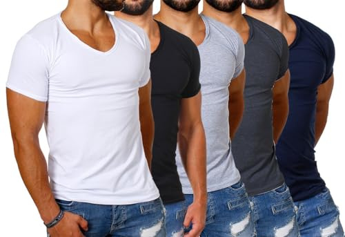 Carisma Herren Uni Basic T-Shirt mit tiefem V-Ausschnitt Vintage Destroyed Kragen Effekt einfarbig Dehnbare Passform, Grösse:3XL, Farbe:Weiß/Schwarz/Grau/Dunkelgrau/Dunkelblau (5er Pack)