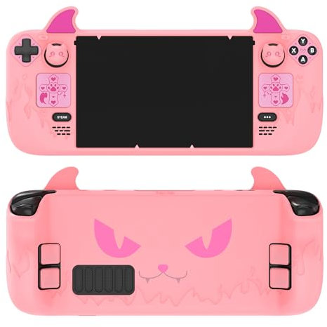 PlayVital Cute Demon Protective Case for Steam Deck LCD & OLED, Kawaii Anti-Slip Protector for Steam Deck OLED with Thumb Grip Caps & Trackpads Stickers & Back Button Enhancement Set - Pink