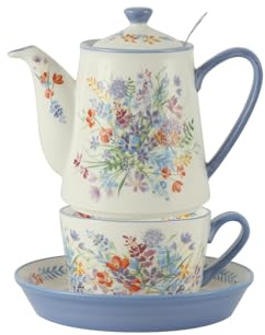 London Pottery Teapot and Teacup for One, Removable Stainless Steel Infuser for Afternoon Tea,British Cup and Saucer Set，Tea Pots for Loose Tea (Viscri Meadow)