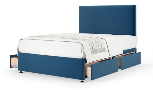 Bedmaster Plush Velvet Divan Base With Storage And Plain Headboard - Colour And Size Options (Blue 4 Drawer, King (U.K. Standard))