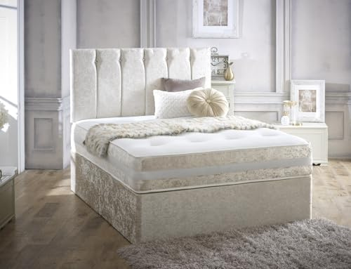Sleep Vibe Crushed Velvet Divan bed with Mattress and 20 Panel Diamante Headboard 2 Drawers same side