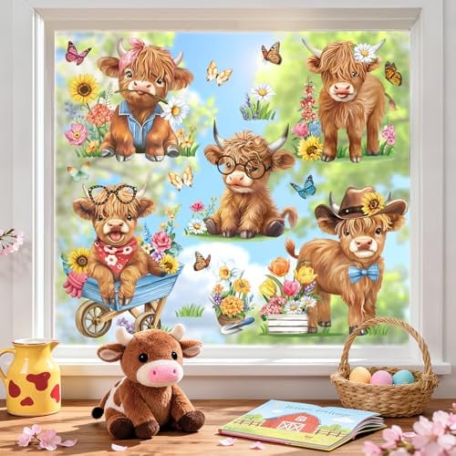 decalmile Fensterbilder Highland Kuh Bauernhof Tiere Fensteraufkleber | Statische Anti-Kollision Fensterdeko, Beidseitiger Druck, auf Beiden Seiten klar Sichtbar, Wasserdicht, Abnehmbar