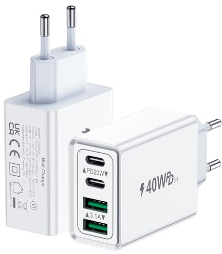 2-Pack USB C Ladegerät, 40W 4-Port Netzteil USBC Stecker Mehrfach Ladegerät mit PD+QC, Schnellladegerät USB-C Fast Charger Ladestecker USB Adapter für iPhone 16 15 14 13 12 11 Pro Max, iPad, Samsung