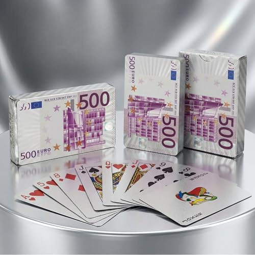 MIJOMA Deluxe Spielkarten – 54 Blatt Pokerkarten im Geldschein-Design – wasserfeste Karten aus Kunststoff – stylisches Kartenspiel für Erwachsene (Silber)