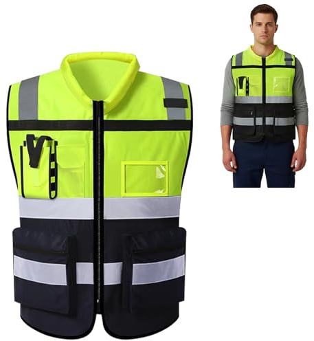 URAQT Giubbotti di Sicurezza, Gilet Alta visibilità, Gilet di Sicurezza Riflettente con 7 Tasche e Cerniera, Gilets di sicurezzas ad Alta visibilitá, Gilets Multi-Tasche Riflettente,per Uomo Donne, L