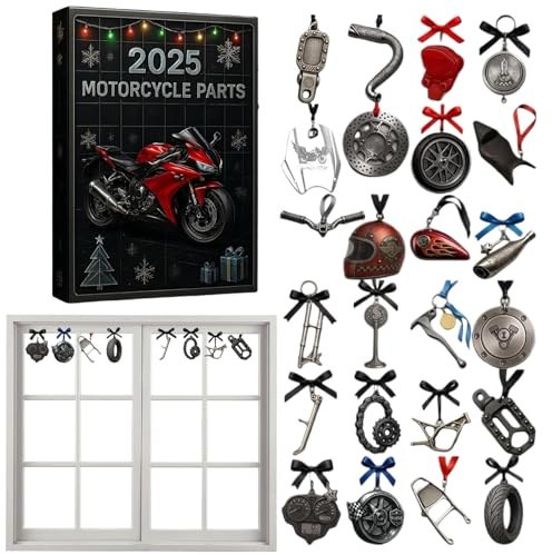 Vitsrisea Adventskalender 2025 Motorradteile - 2D Anhänger aus Acryl 24 Tage - Ornament Ersatzteile Motorrad Rückwärtskonto, für Motorradliebhaber Haus Wand Fenster Tür