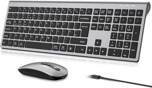 RaceGT Bluetooth Keyboard and Mouse Set for Laptop, iPad, PC& Mac – Rechargeable Multi-Device Wireless Combo with Quiet Typing, Type-C Charging, Ultra Slim Full Size UK Layout for Home Office & Study