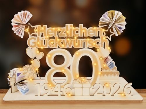 ARTREE 80 Geldgeschenke Geburtstag Frau Mann, Holz Schild Gästebuch mit LED Lichterkette, Personalisiertes Geschenke zum 80 Geburtstagszahlen, 80 Jahre Geburtstag Deko, Herzlichen Glückwunsch