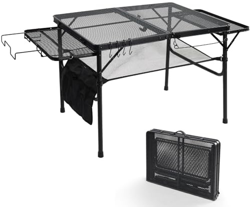 3x2ft Portable Camping Table with 2 Wing Panels, Adjustable Height Folding Table with Storage Net, Hooks, Paper Towel Holder & Trash Bag Rack, Metal Grill Prep Table for BBQ Tailgating Outdoor Cooking