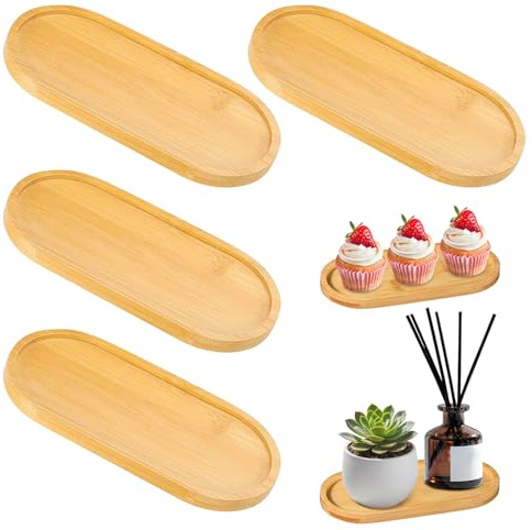 4 PCS Oval Bamboo Serving Tray, Plant Succulent Holder, Small Wooden Tea Cup Coaster for Coffee, Cake and Snacks