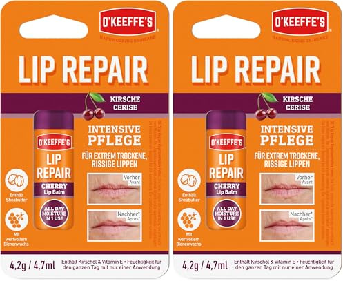 O'Keeffe's Lip Repair Cherry, 4,2g – Für extrem trockene, rissige Lippen | Mit Kirsch- und Vitamin E-Öl, bietet den ganzen Tag über Feuchtigkeit. (Packung mit 2)
