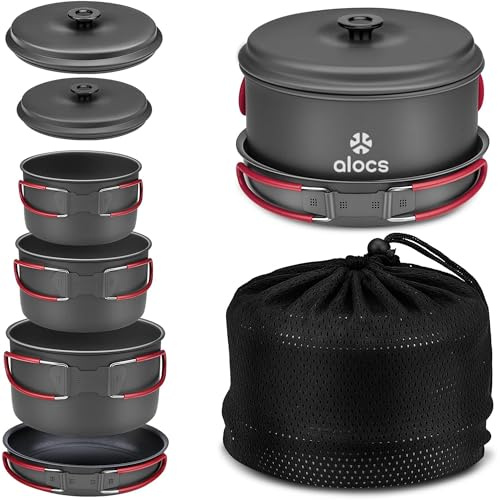 ALocs Camping-Kochgeschirr-Set, leichte Aluminiumtöpfe und -pfannen mit antihaftbeschichteter Bratpfanne, kompaktes, stapelbares Camping-Kochset zum Wandern, Trekking und Kochen im Freien