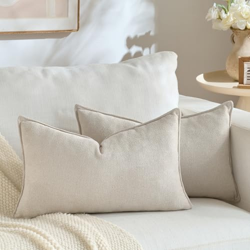 FDTERN 2er Set 40×60 cm Beige Chenille Kissenbezugset im modernen Dekor Einfarbiges, neutrales Design mit Borte Einzigartiges Design Geeignet für Schlafzimmer Wohnzimmer Sofa Bett und Wohnkultur