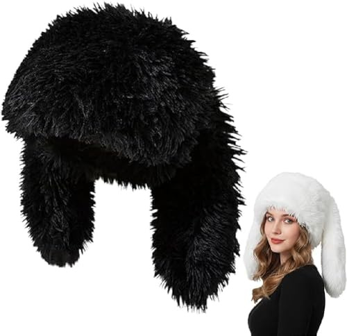 GUSHE Cute Long Bunny Ear Plush Hat, Hasenohren-Beanie für Damen und Mädchen, Fuzzy Hasenohren Hut, Niedliche pelzige Beanie mit Ohren, Winter warme Mütze für Festival, Ostern, Party (Schwarz)
