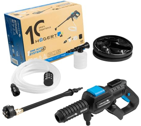 HÖGERT TECHNIK Akku-Hochdruckreiniger 18V OneAccuSystem, kabellos, mobiler Druckreiniger mit Saugschlauch, Schaumsprüher und Verstellbarer Sprühlanze, für Garten und Outdoor, ohne Akku