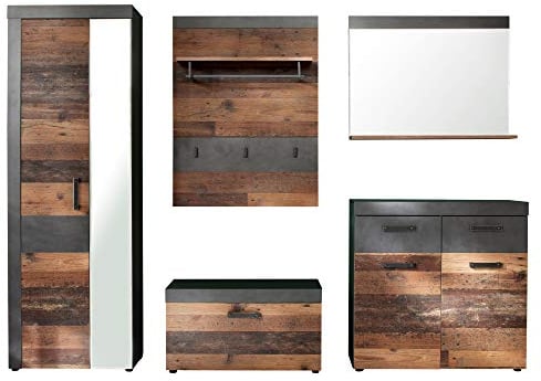 trendteam smart living - Indy - Garderoben-Set (Kleiderschrank + Sitzbank + Garderobenpaneel + Kommode + Wandspiegel) - Graphit Grau/Alteiche - (BxHxT) 265 x 192 x 37 cm - rustikales Design