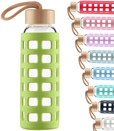 Cleesmil Sport Bouteille en Verre, Gourde Verre sans BPA avec Manchon en Silicone et Couvercle en Bambou 1000 ML (Vert d'herbe)