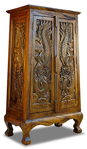 Kinaree Massivholz Schrank Dragon I - 100x57cm Kommode aus Akazie mit handgeschnitzten, asiatischen Drachen verziert (kolonial)