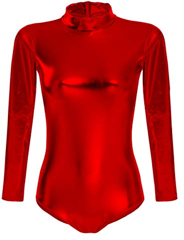 FYMNSI Damen Glänzende Ballettanzug Ballettbody Sport Tanz Body Gymnastikanzug Trikot Langarm Bodysuit Metallic Wetlook Einteiler Turnanzug Leotards Overall Lack Leder Oberteile Tops Kostüm Rot M