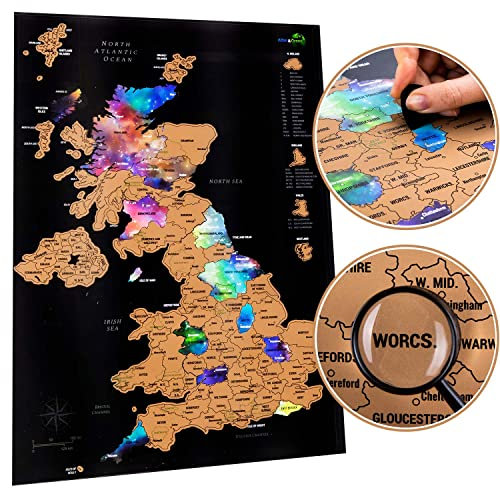 Scratchable UK Map, A2 Poster + Accessories Kit & Travel Tube, Campervan Day Trips, Journal Wall Art, Nebula Watercolour Designed