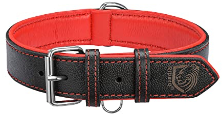Riparo Echtes Leder Verstellbares Hundehalsband mit Zusätzlicher Verstärkung (L: 3,8CM Breit für 43,2CM - 53,3CM Hals, Schwarz-roter Faden)