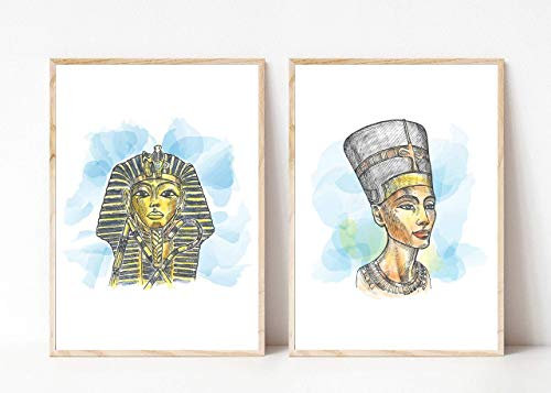 Kunstdruck Din A4 ungerahmt 2-teilig Ägypten Pharao Tutanchamun Nofretete Zeichnung Poster Bild