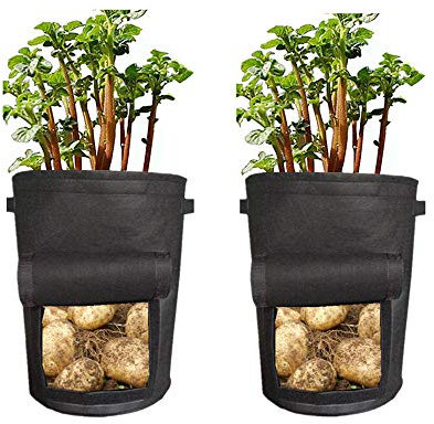 Pflanzen Tasche 2 Pack, Tasche Kartoffel Pflanzsack Pflanzbeutel mit Griffen und Sichtfenster Klettverschluss,dauerhaft AtmungsaktivBeutel Gemüse Grow Bag Pflanztasche (28 x 28 cm, Schwarz)