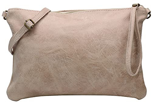 SH Leder Echtleder Umhängetasche Clutch im vintage look mittelgross Tasche Abendtasche 33x22cm Clara G396 (Nude)