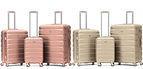 Flight Knight ABS 3 Tailles Valise Legere Compatible avec Air France, Hop! easyJet, Ryanair Et Bien d'autres! Bagage a Main Et Bagage en Soute Grande avec 4 Roues. Or Rose/Champagne