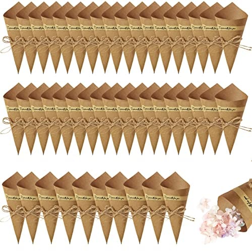 50 Stück Kraftpapier-Kegel, Hochzeits Konfetti Tüten, Mit Garn Verziert, Für Papier Hochzeit Zapfen, Bonbonblumenteller (Kraftpapier Braun)